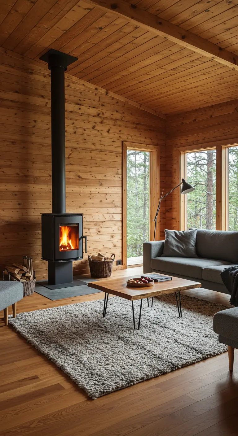 Intérieur de cabane scandinave avec murs en bois clair et poêle à bois moderne.
