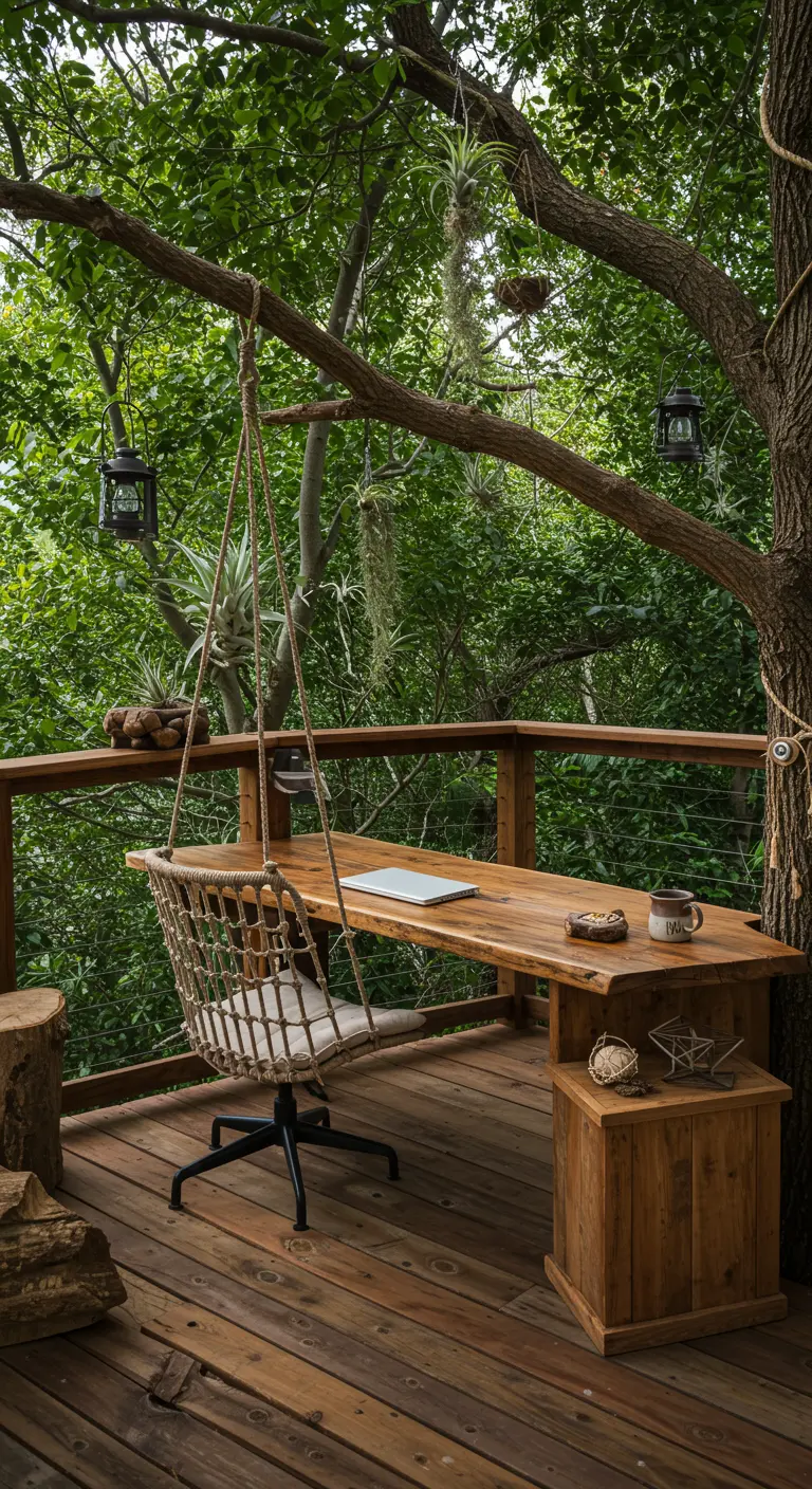 Bureau d'extérieur suspendu dans les arbres, avec table en bois, chaise en rotin et lanternes.