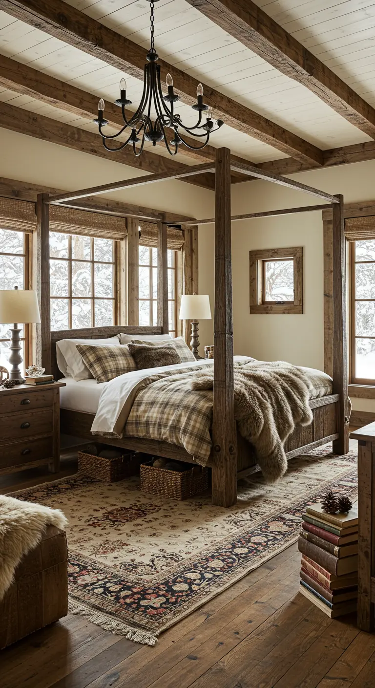 Chambre rustique en bois avec lit à baldaquin, linge de lit écossais et tapis persan.