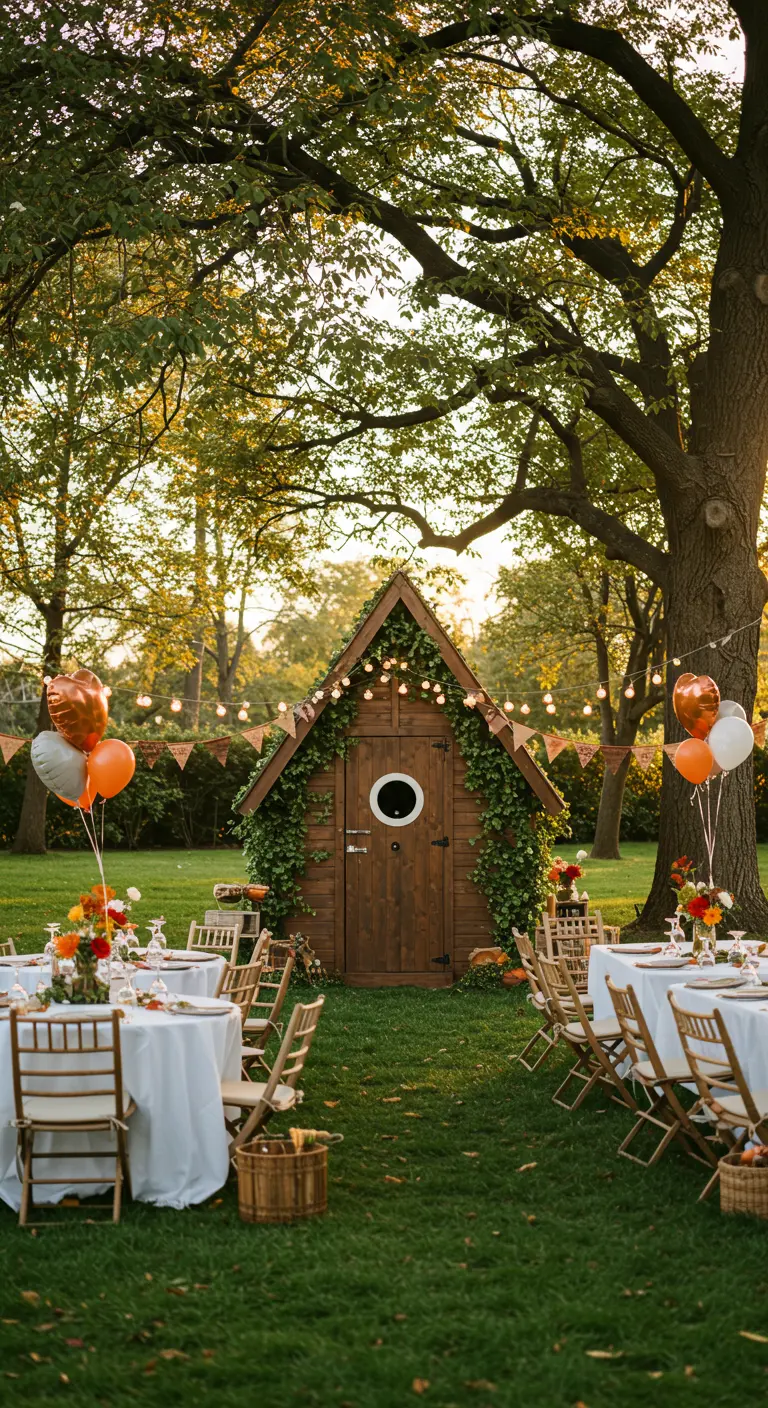 Petite cabane en bois dans un jardin, décorée de lierre et de lumières pour un photobooth.