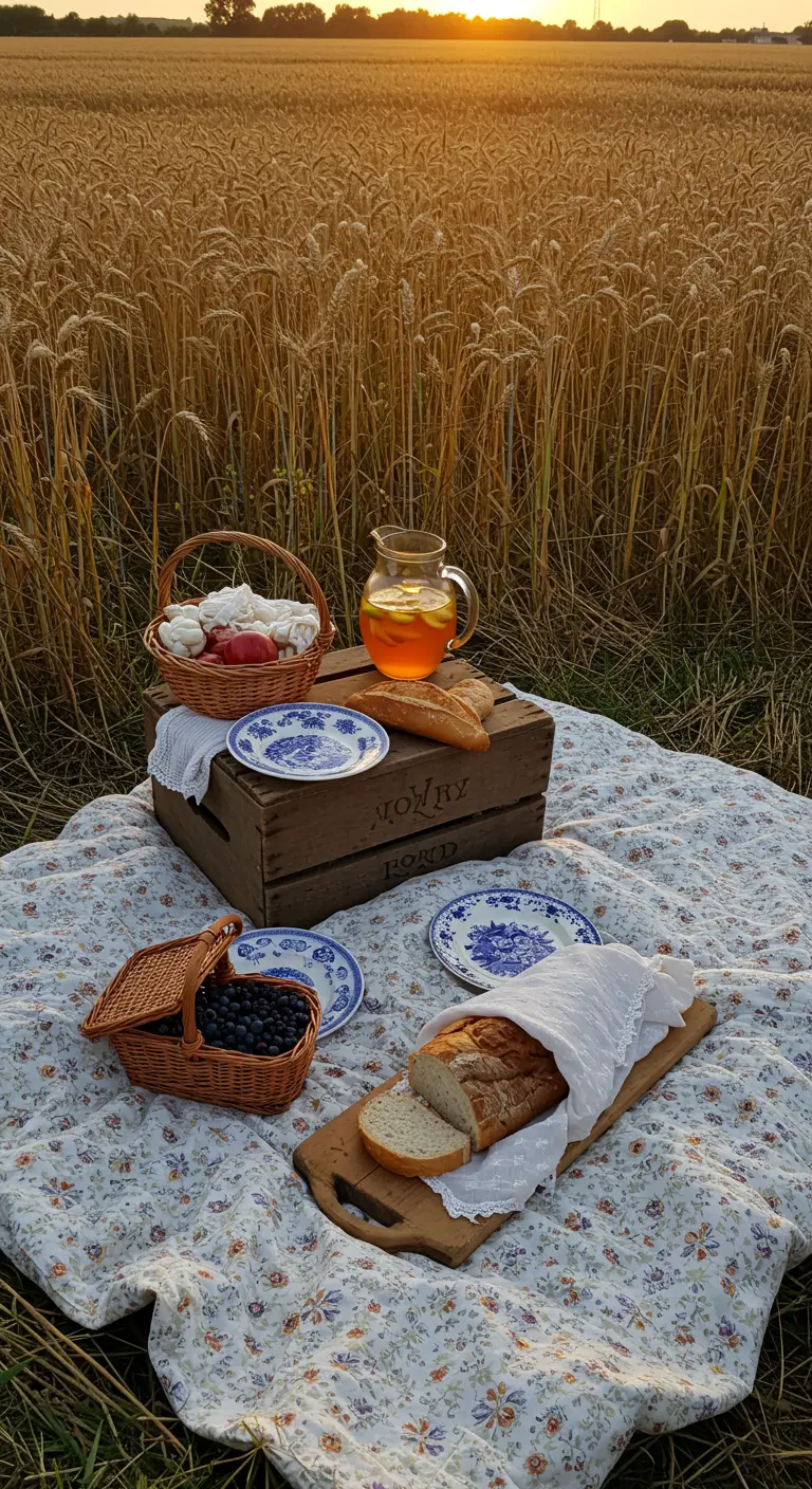 Pique-nique dans un champ de blé avec une caisse en bois comme table.