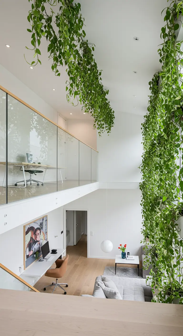 Vue d'un loft avec des plantes tombant en cascade depuis la mezzanine sur l'espace de vie.