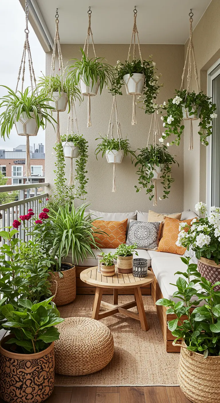 Balcon bohème avec de nombreux pots suspendus en macramé au-dessus d'un canapé d'angle.