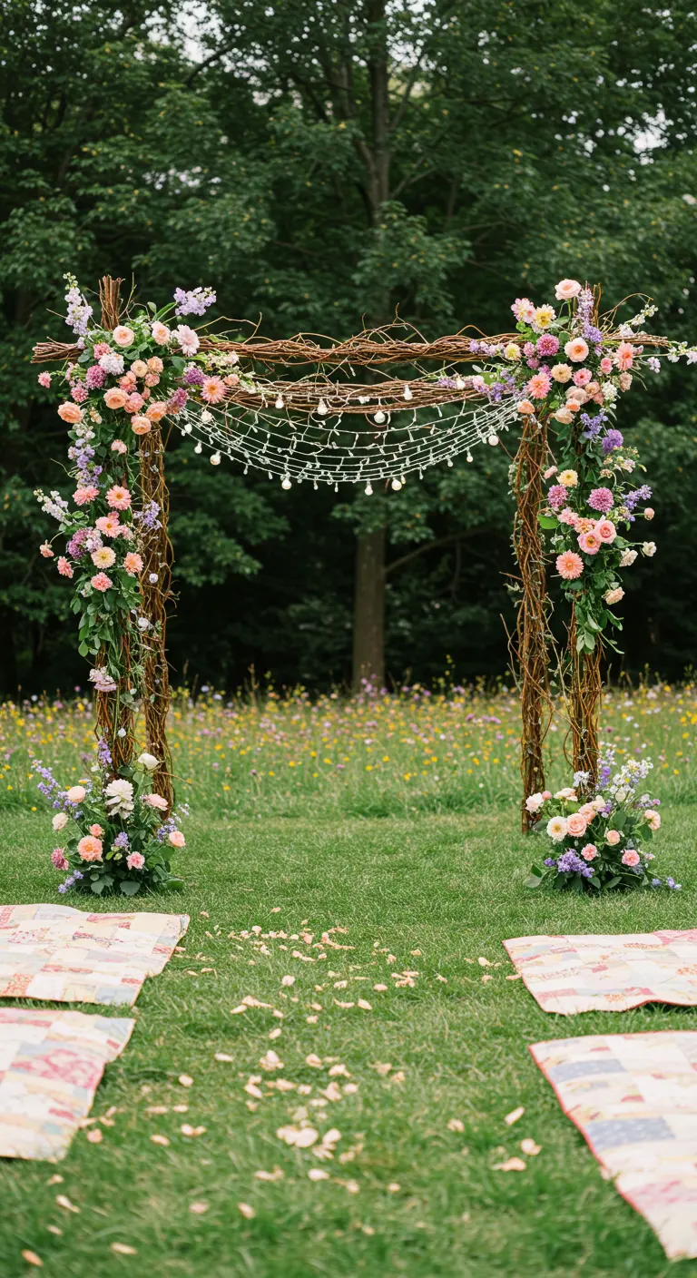 Arche rustique en branchages décorée de fleurs pastel et de guirlandes lumineuses.