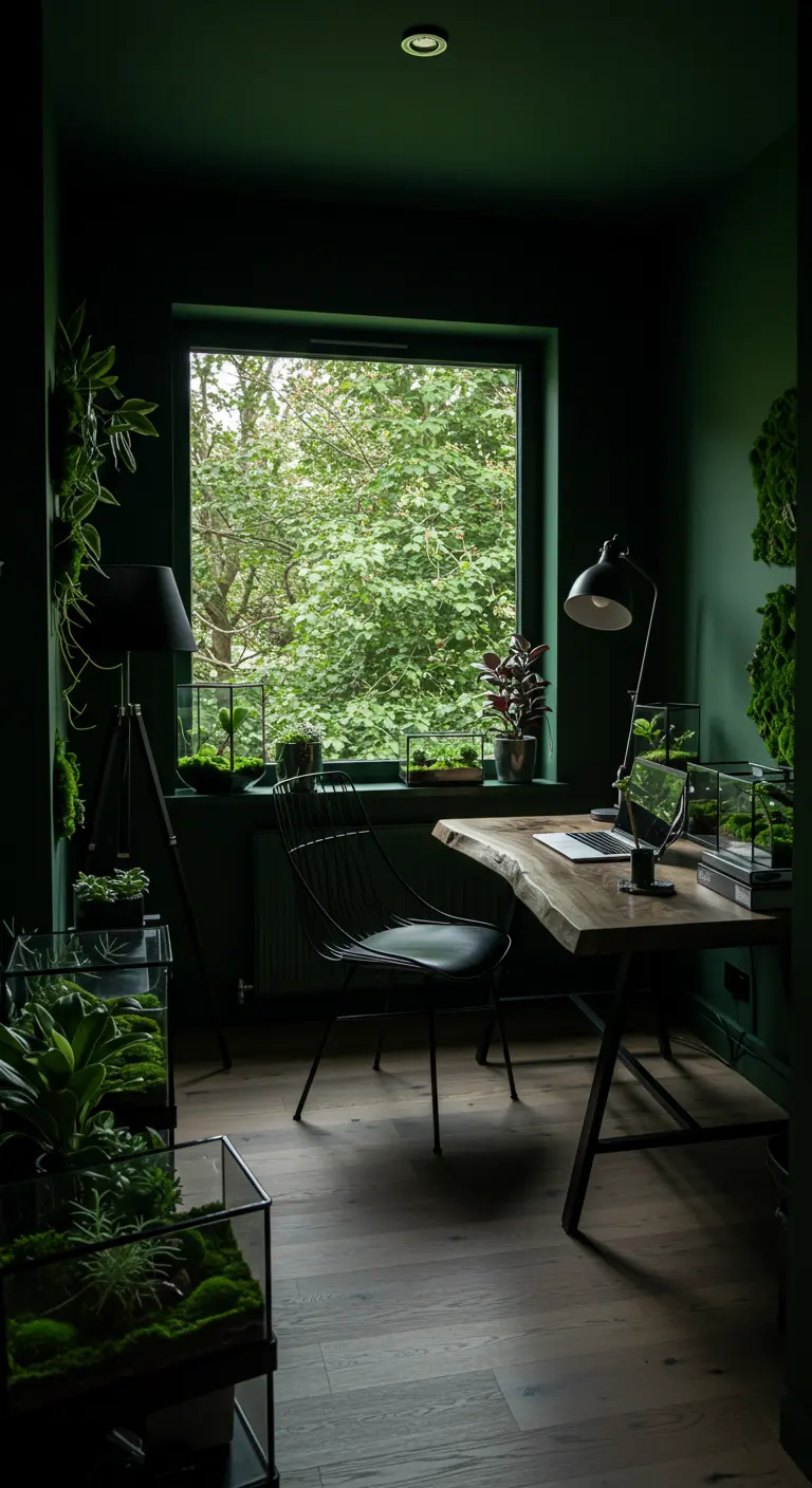 Bureau sombre vert forêt avec un plateau en bois brut et de nombreux terrariums et plantes.