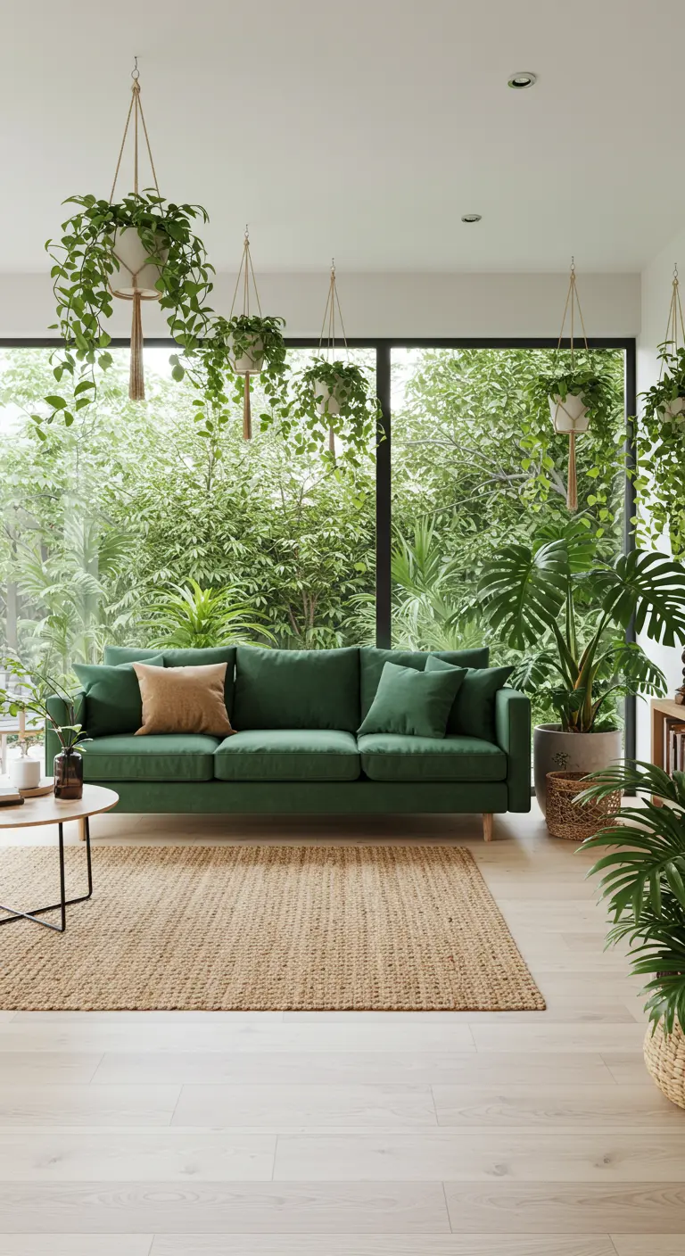 Canapé vert dans un salon moderne avec des plantes suspendues devant une grande baie vitrée.