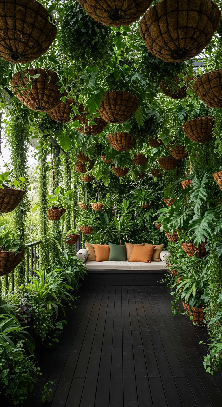 Terrasse couverte luxuriante avec des dizaines de paniers suspendus et un canapé.