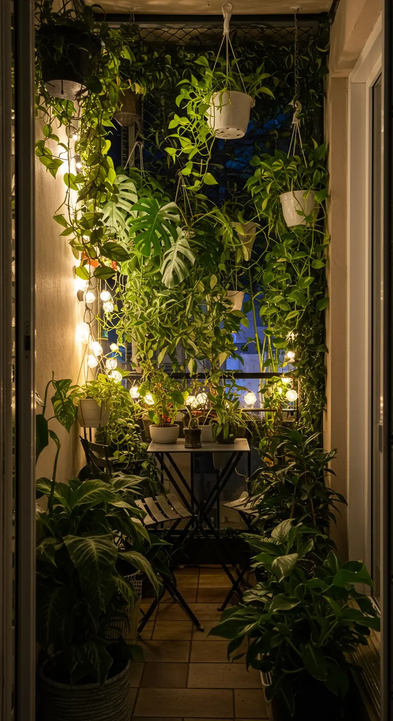 Balcon étroit et luxuriant avec des plantes grimpantes et suspendues.