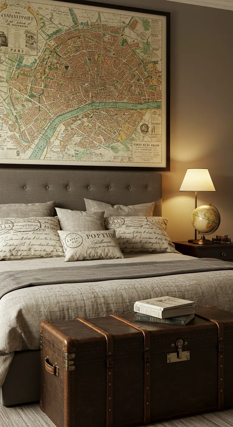 Une grande carte de ville ancienne encadrée et suspendue au-dessus d'un lit capitonné.