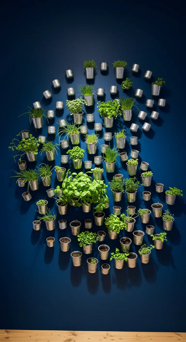 Mur végétal artistique avec de nombreux petits pots cylindriques argentés et herbes sur mur bleu marine.