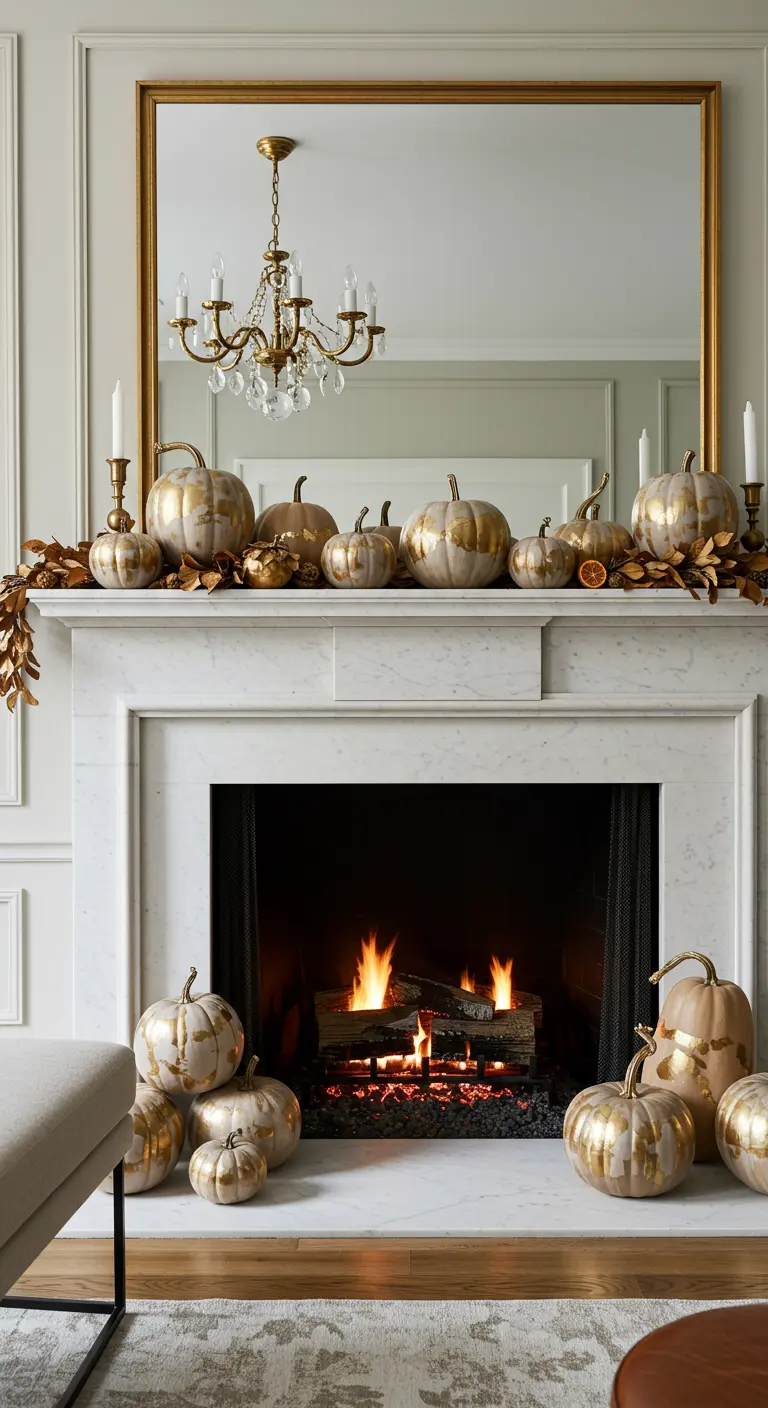 Cheminée en marbre blanc ornée de citrouilles beiges avec des coulures de peinture dorée.