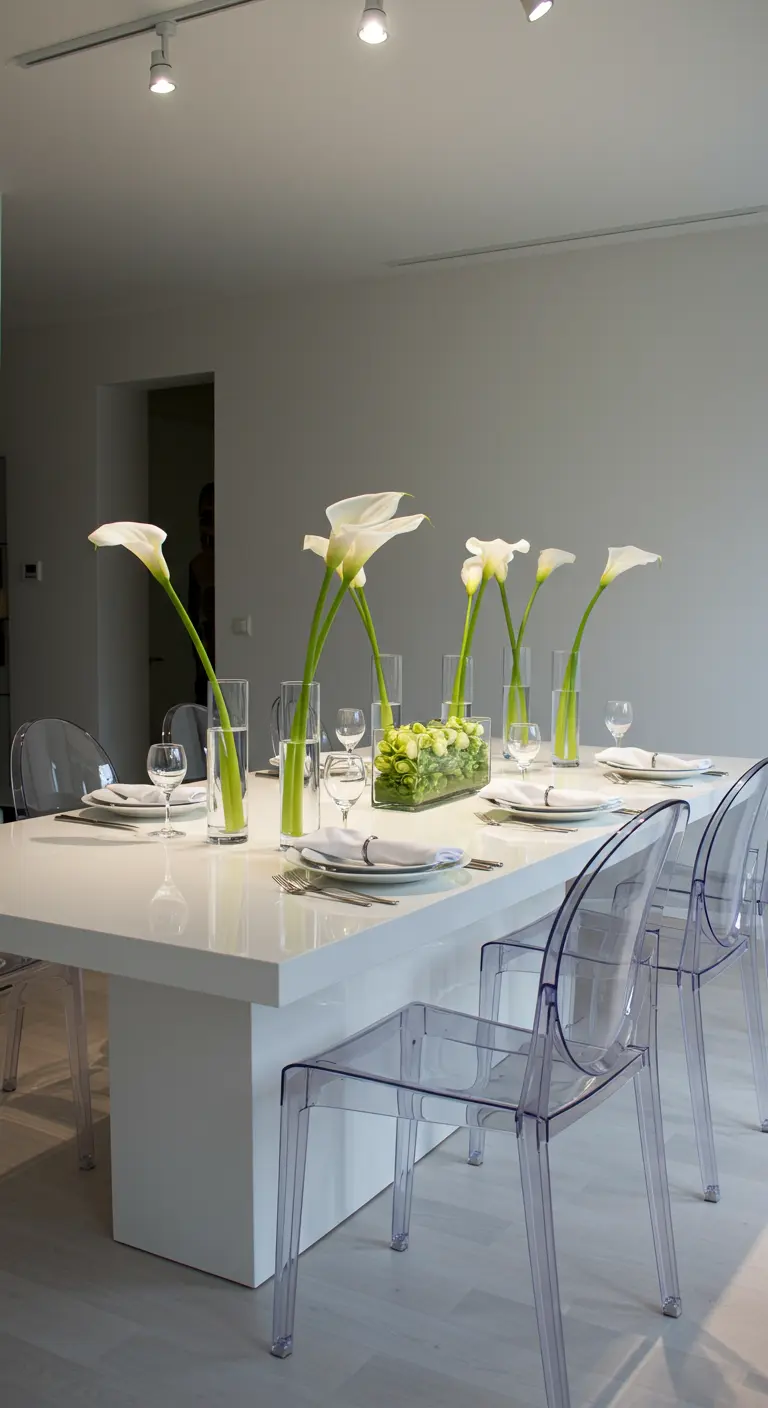 Table blanche moderne avec des vases soliflores contenant des lys calla blancs.