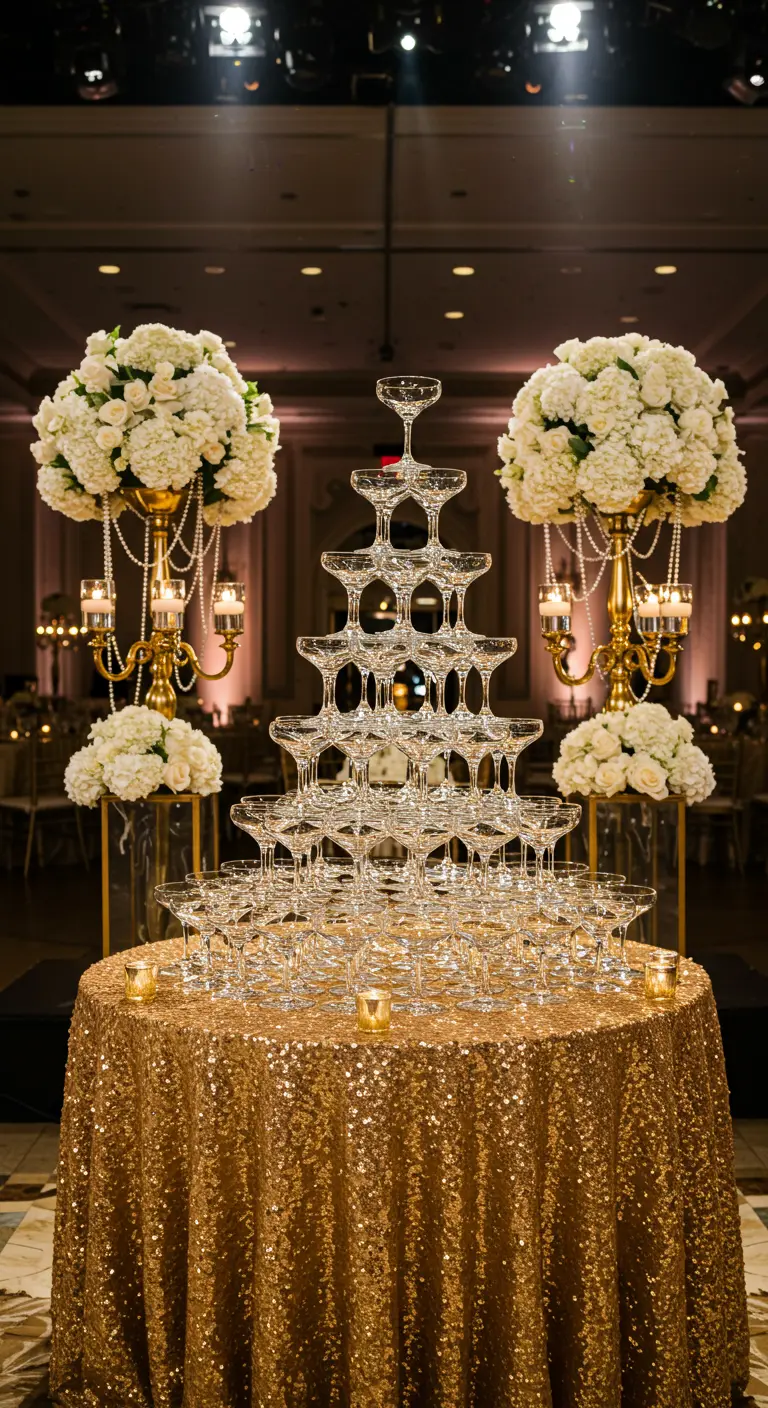 Pyramide de coupes de champagne sur une table recouverte de sequins dorés.