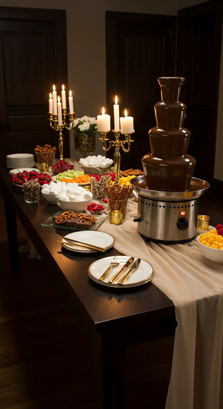 Fontaine à chocolat sur un buffet chic avec des bougies.