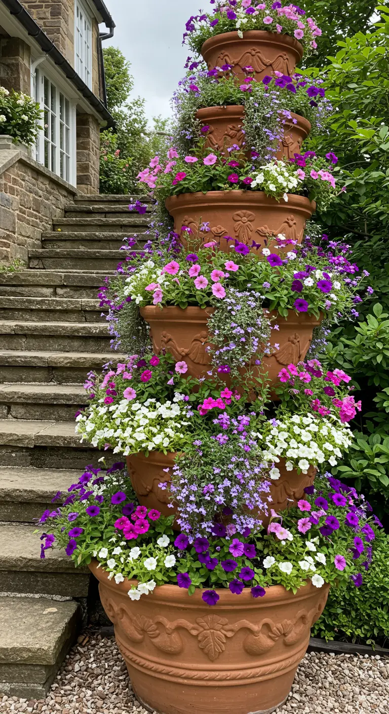 Tour de pots en terre cuite remplis de pétunias et de lobelias violets et roses.