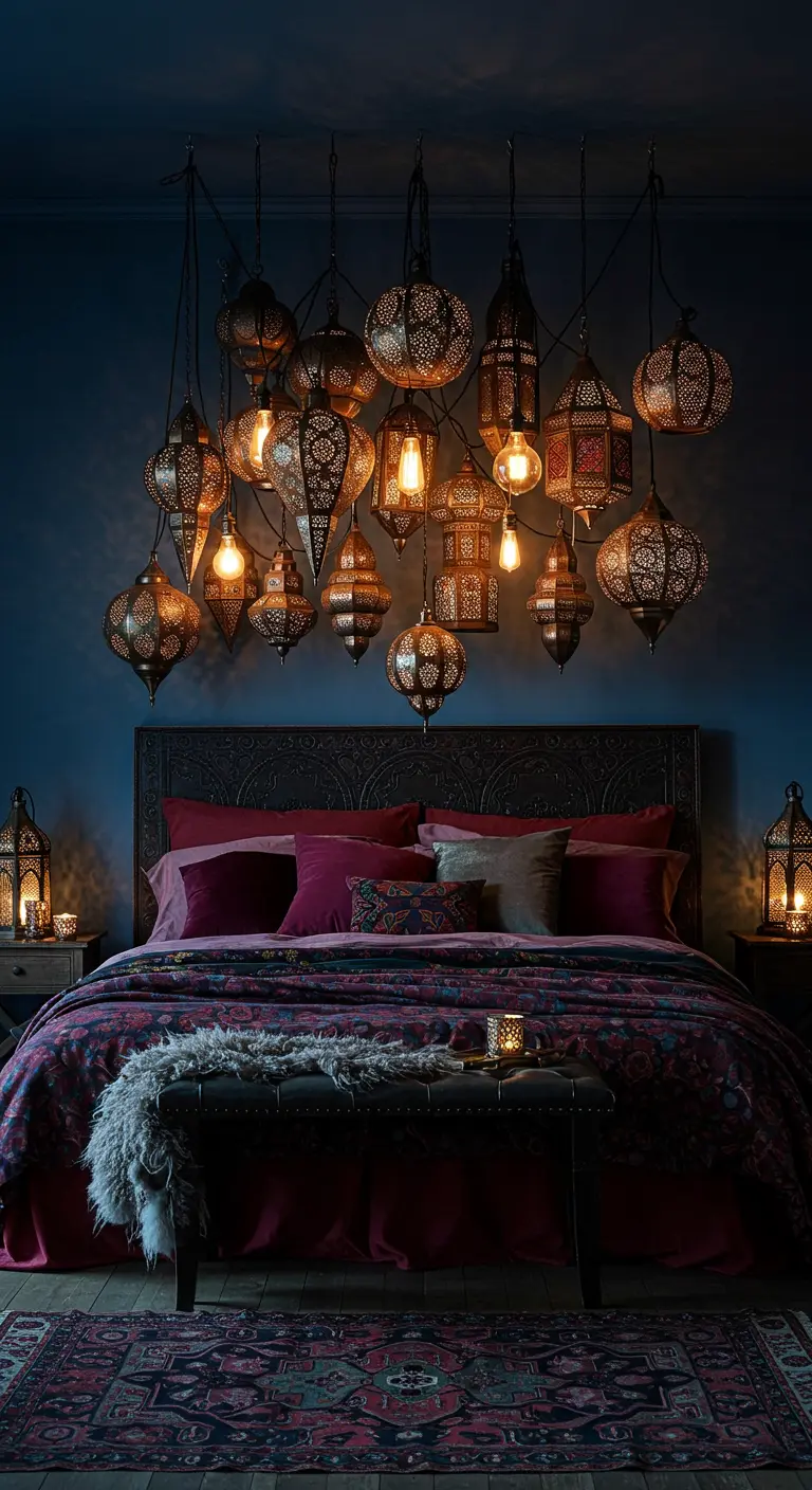 Une accumulation de lanternes marocaines suspendues au-dessus d'un lit.