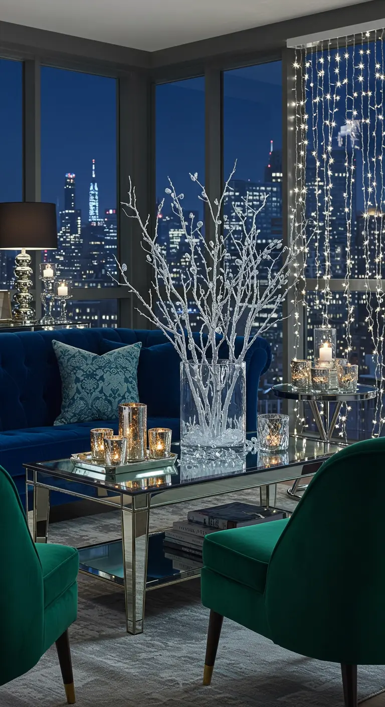 Salon moderne de nuit avec un rideau de lumières LED et des branches blanches givrées.