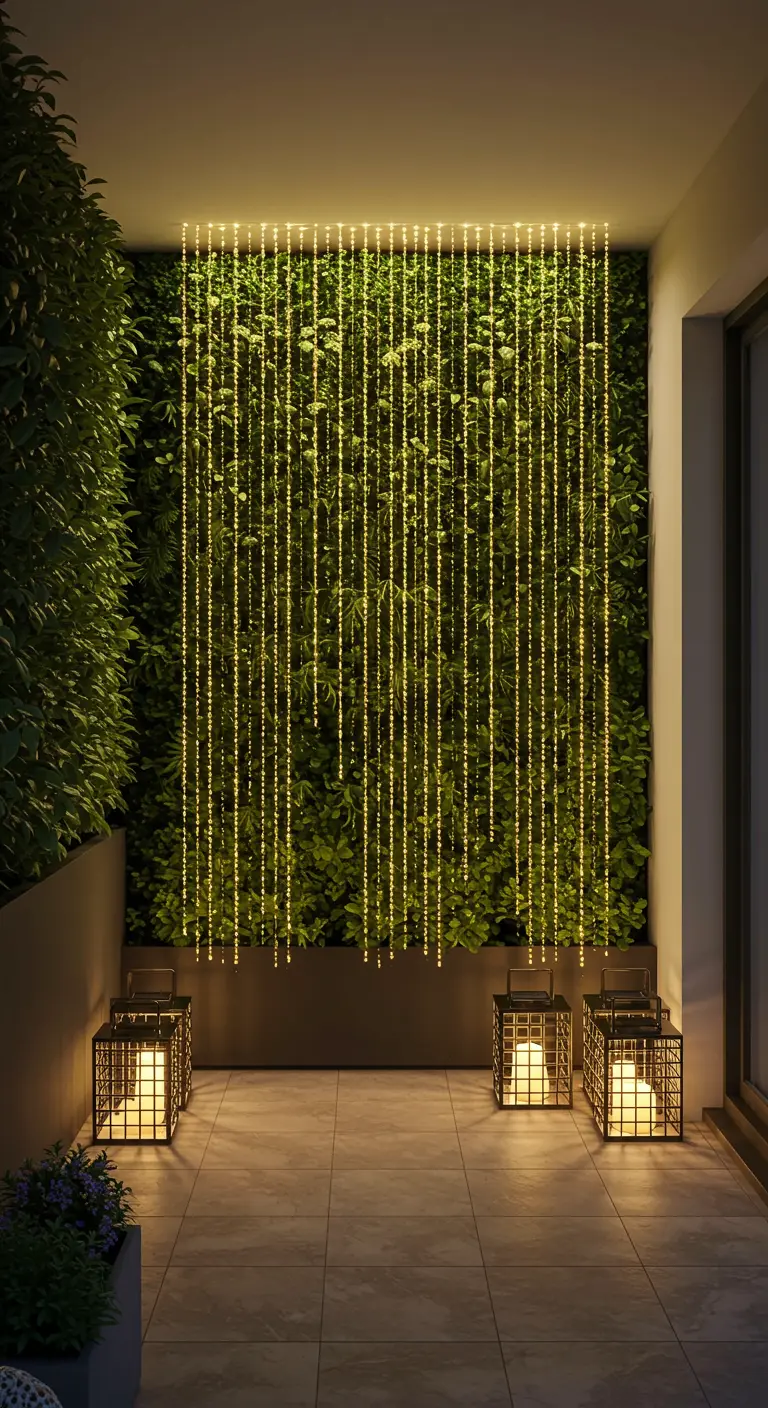 Un rideau de lumières LED suspendu devant un mur végétal sur un balcon.