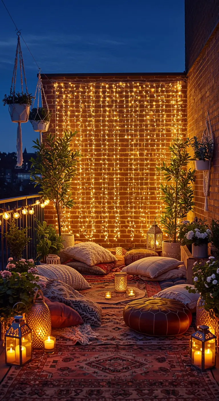 Balcon cosy avec un mur de briques recouvert d'un rideau de guirlandes lumineuses.