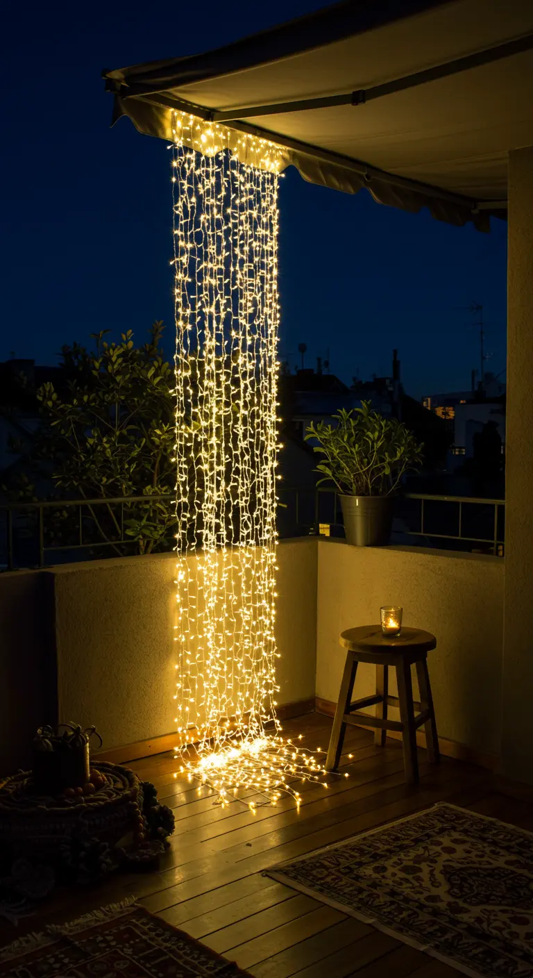 Une cascade de guirlandes lumineuses tombant du plafond d'un balcon jusqu'au sol.
