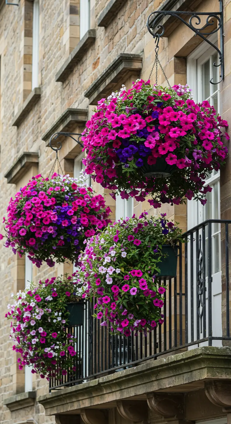 Balcon d'un immeuble ancien avec des paniers débordants de pétunias roses et violets.