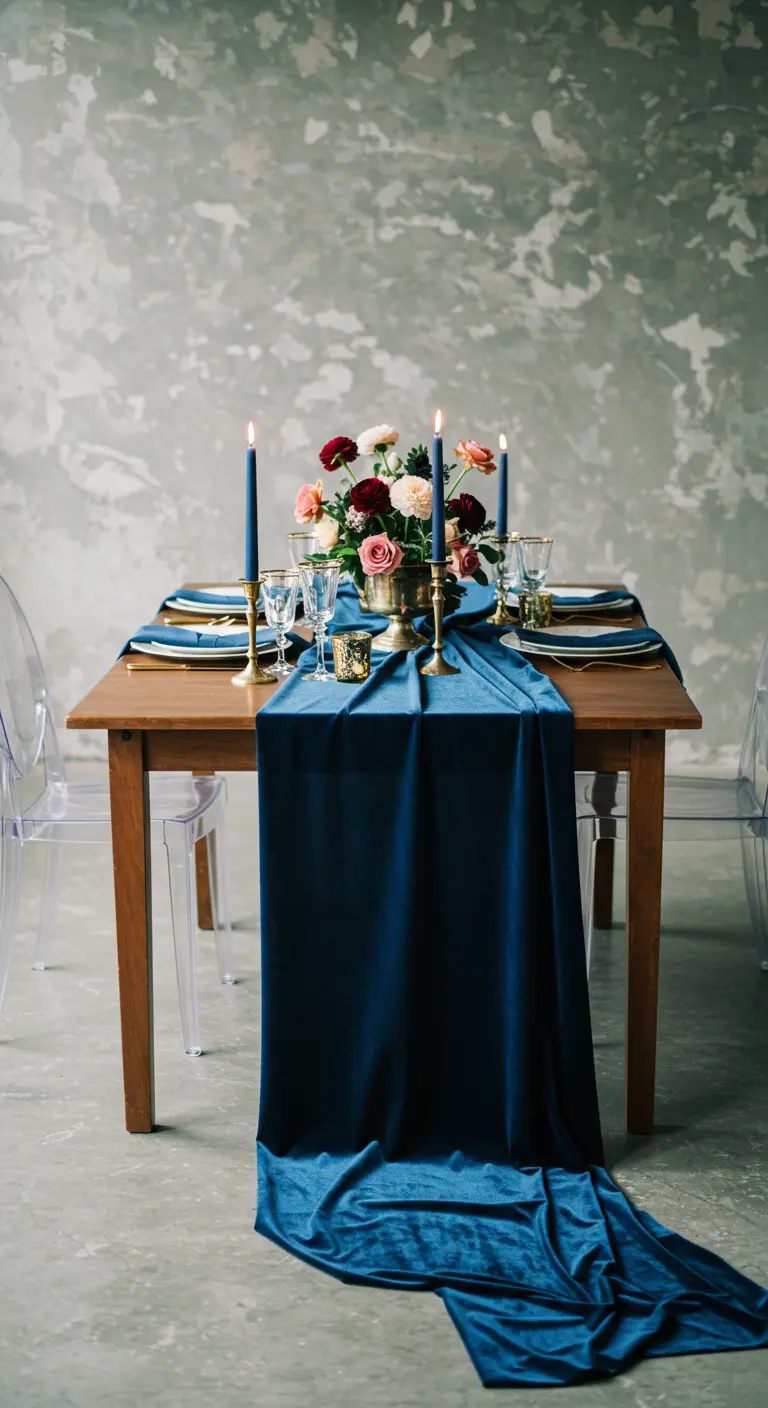 Table avec un long chemin de table en velours bleu qui tombe jusqu'au sol.