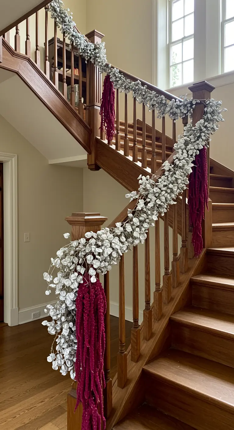 Rampe d'escalier en bois décorée d'une longue guirlande de feuillage argenté et de fleurs rouges.