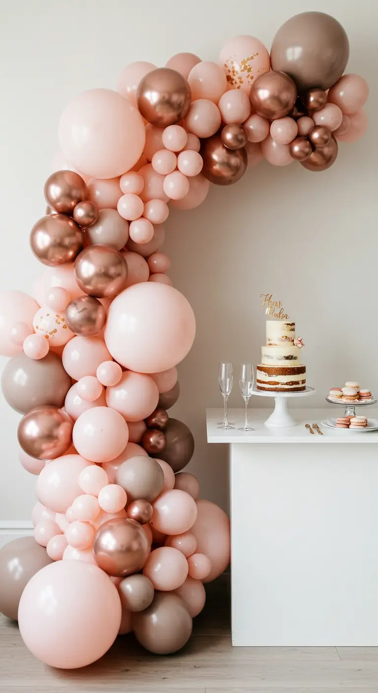 Arche opulente de ballons roses, taupes et rose gold encadrant une table à gâteaux.