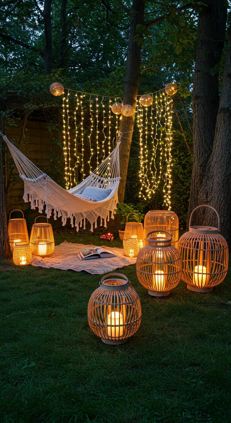 Hamac dans un jardin avec un rideau de guirlandes lumineuses et des lanternes en bambou au sol.
