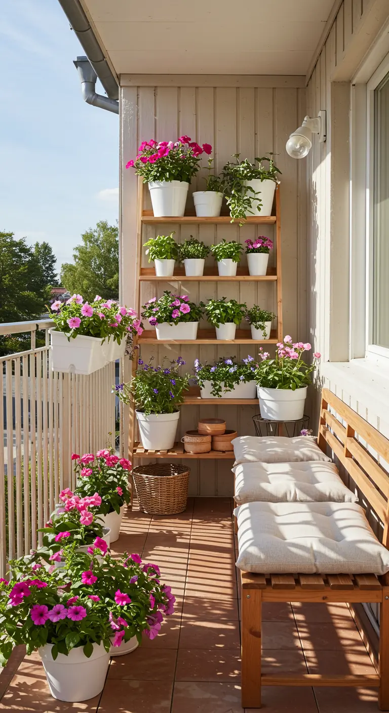 Étagère en bois remplie de pétunias roses sur un balcon ensoleillé.