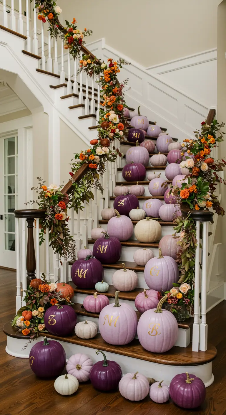 Escalier blanc décoré d'une cascade de citrouilles peintes en nuances de violet avec des monogrammes dorés.