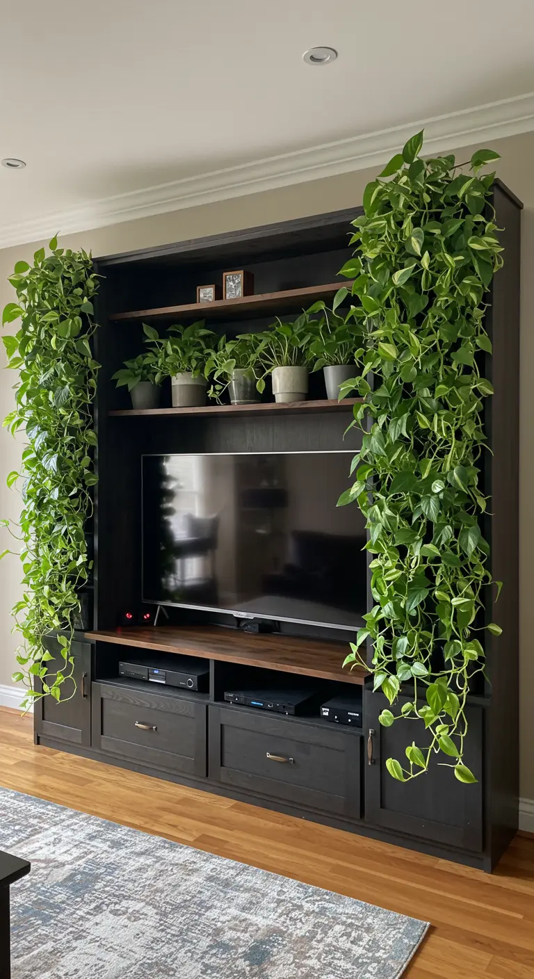 Un grand meuble TV noir encadré par de longues cascades de Pothos partant des étagères supérieures.