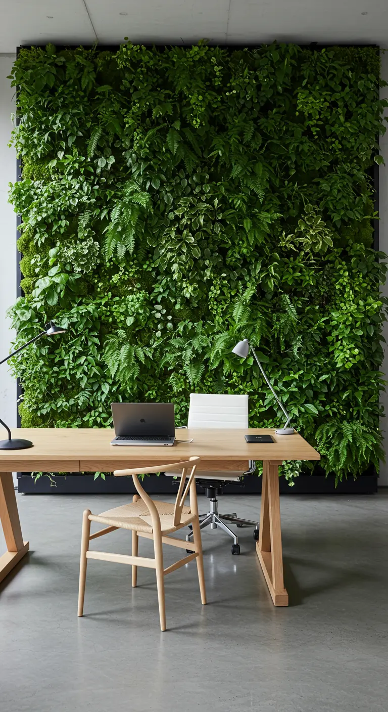 Grand bureau en bois devant un immense mur entièrement recouvert de plantes vertes variées.