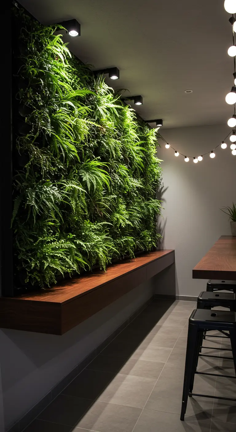 Grand mur végétal luxuriant éclairé par des spots, avec une banquette en bois.