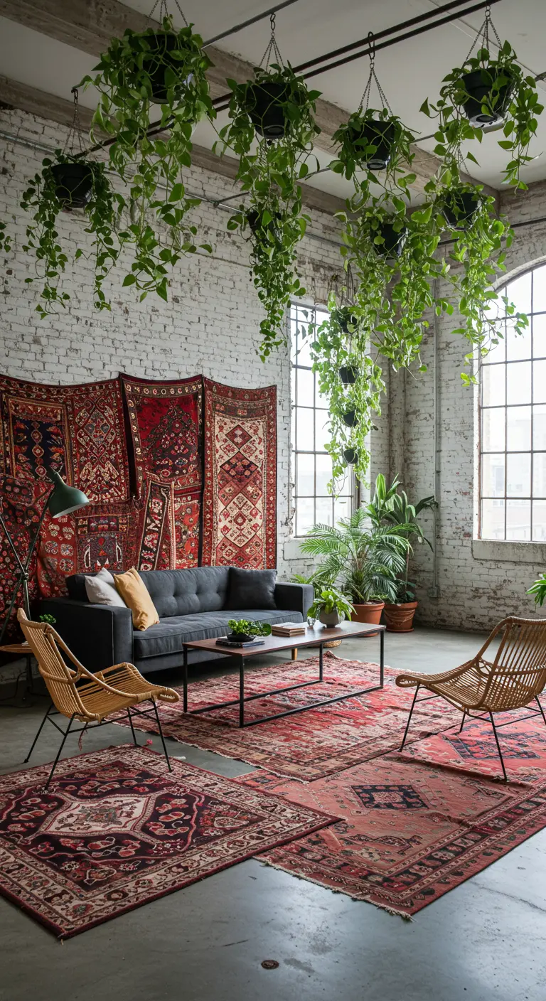Salon de style loft avec des plantes suspendues et des tapis orientaux superposés.