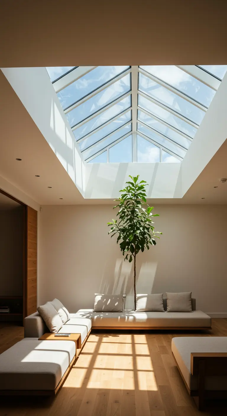Salon spacieux sous une grande verrière, avec un arbre majestueux planté au centre.