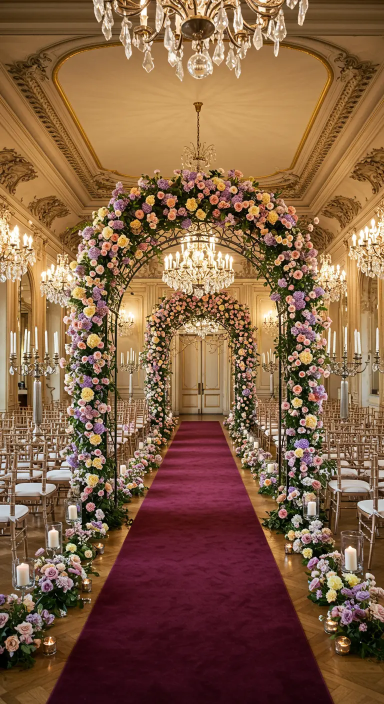 Long couloir avec multiples arches entièrement couvertes de roses jaunes, roses, violettes et tapis rouge.