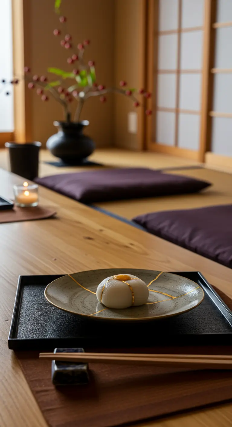Pâtisserie japonaise sur une assiette en céramique réparée avec de l'or (Kintsugi).