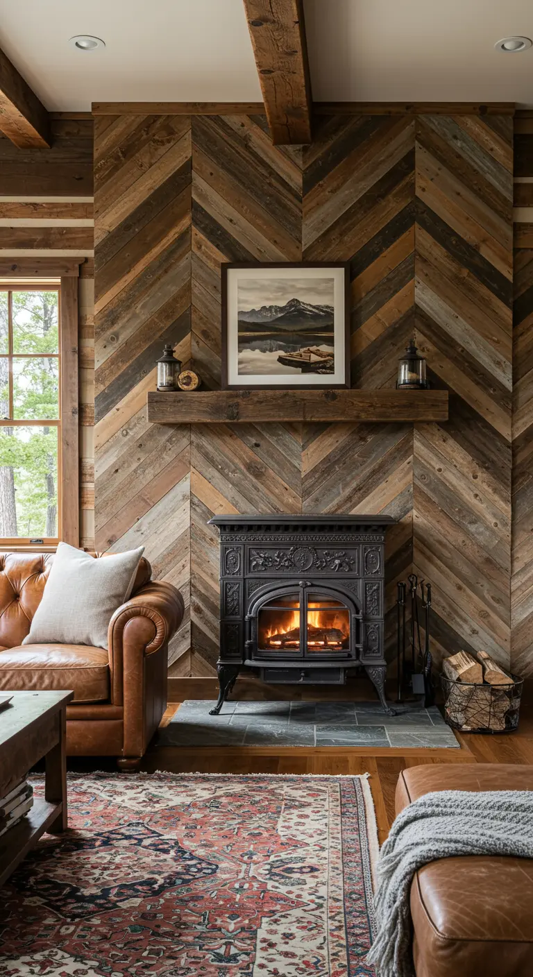 Mur d'accent en bois de récupération posé en motif chevron derrière un poêle à bois.