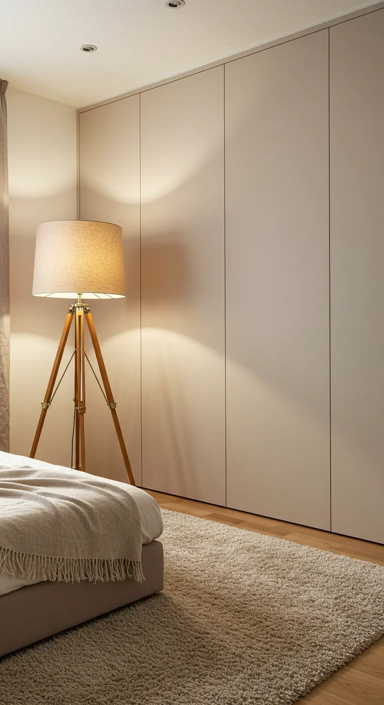 Chambre minimaliste avec de grands placards beiges et un lampadaire tripode chaud.