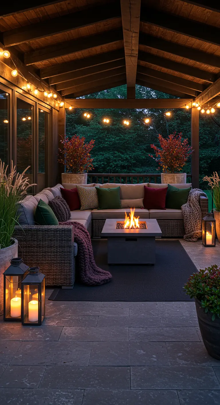 Terrasse couverte avec brasero, canapé d'angle, coussins, plaids et lanternes au crépuscule.
