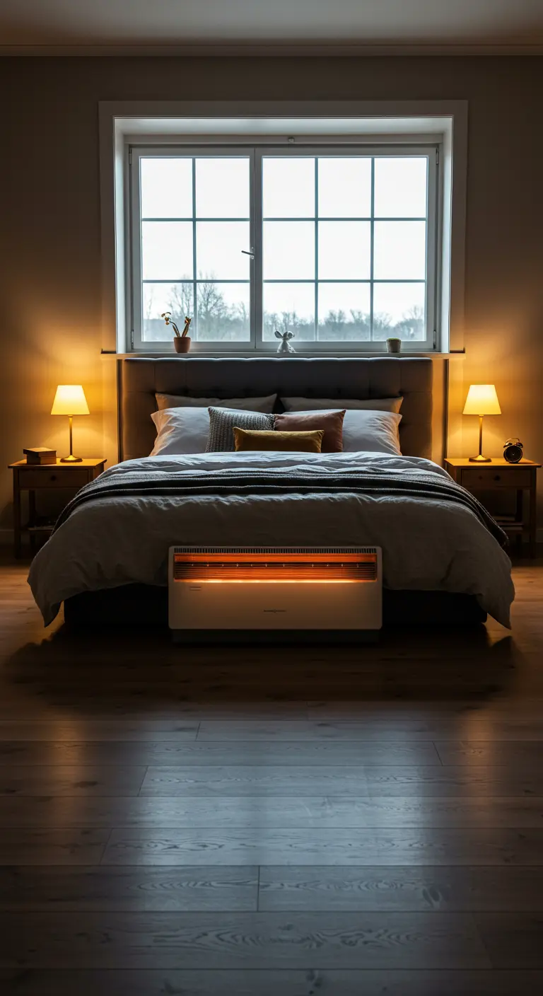Chauffage d'appoint moderne et horizontal placé au pied du lit.