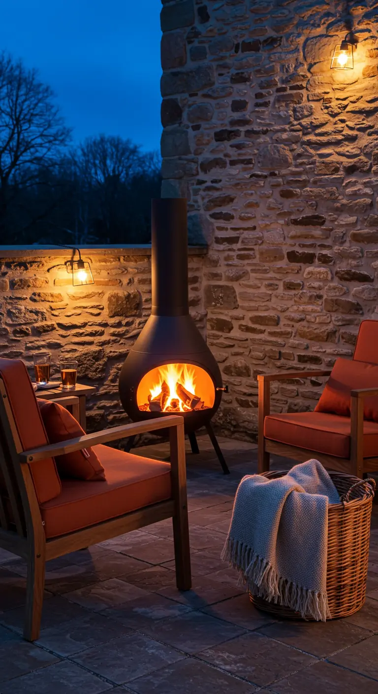 Patio en pierre avec une chiminea noire allumée et deux fauteuils en bois.