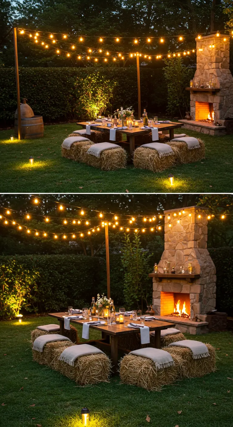 Espace repas en plein air avec des balles de foin, des guirlandes lumineuses et une cheminée extérieure.