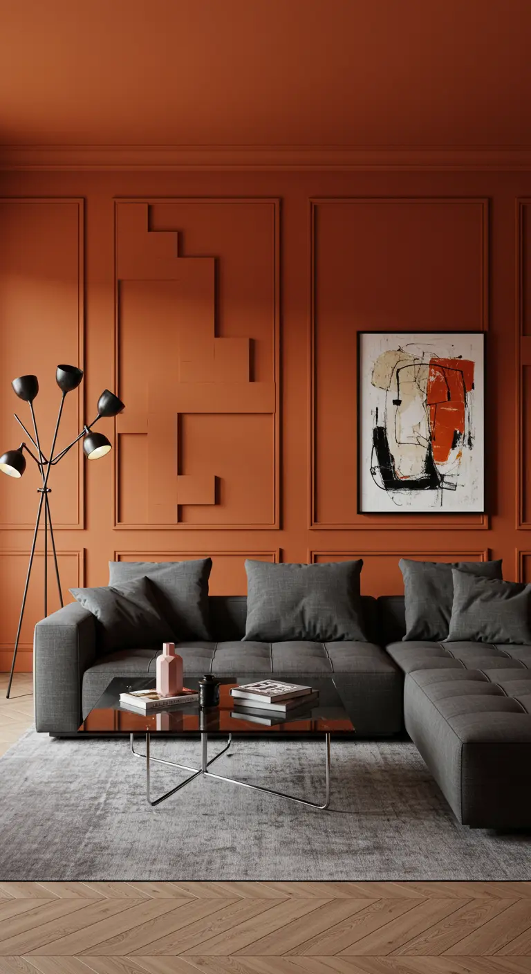 Salon avec murs terracotta et moulures murales au design abstrait.