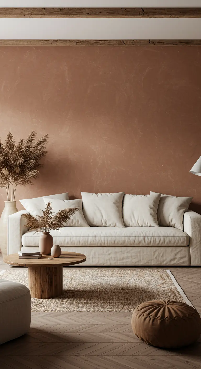 Mur d'accent texturé couleur terre cuite derrière un canapé beige et des herbes de la pampa.