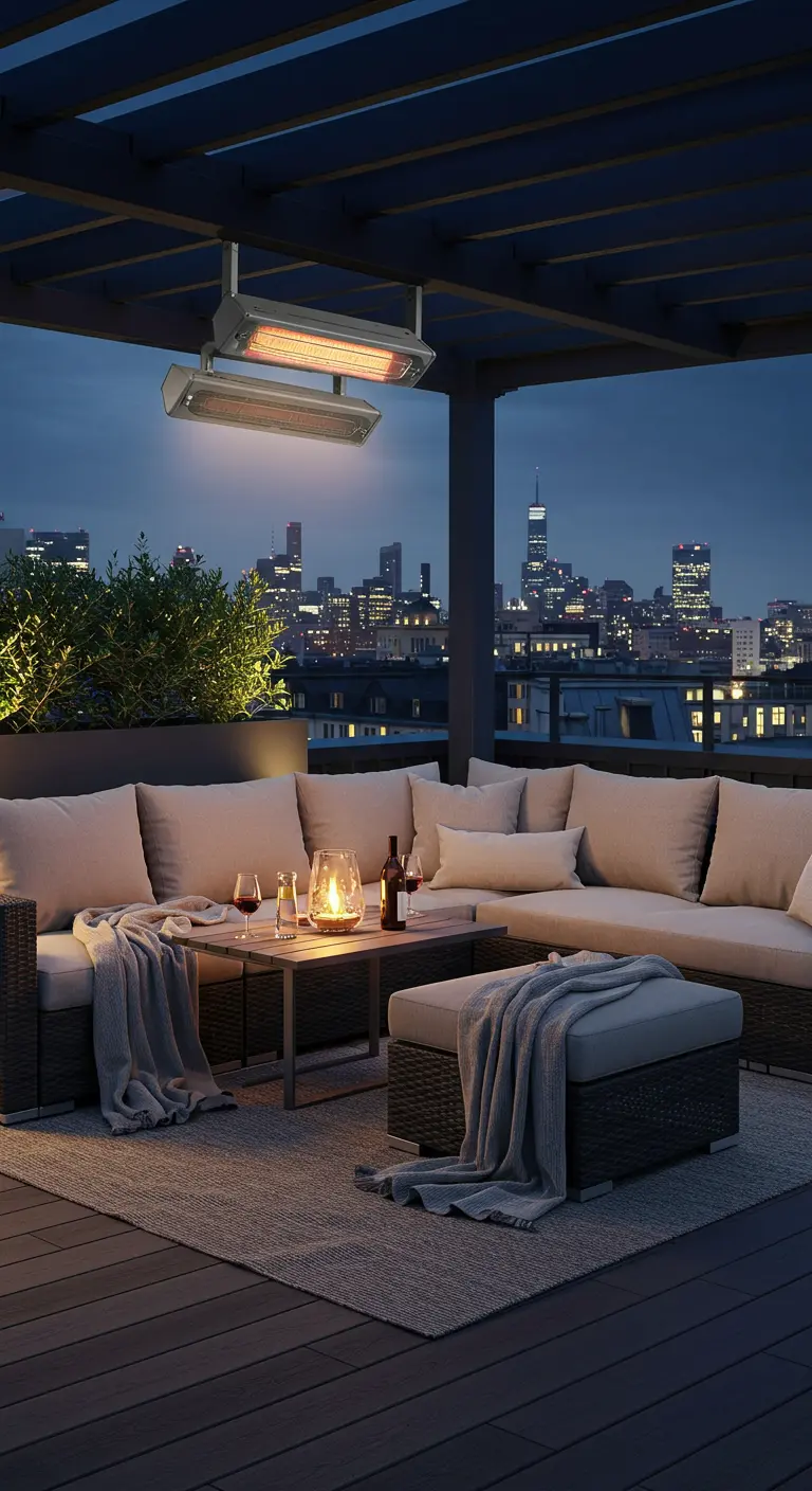 Terrasse sur le toit avec chauffage infrarouge suspendu et grand canapé.