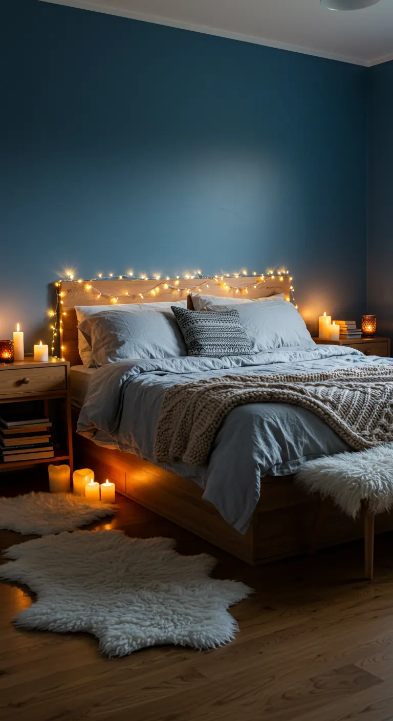 Chambre bleue avec guirlandes lumineuses, tapis en fausse fourrure et bougies