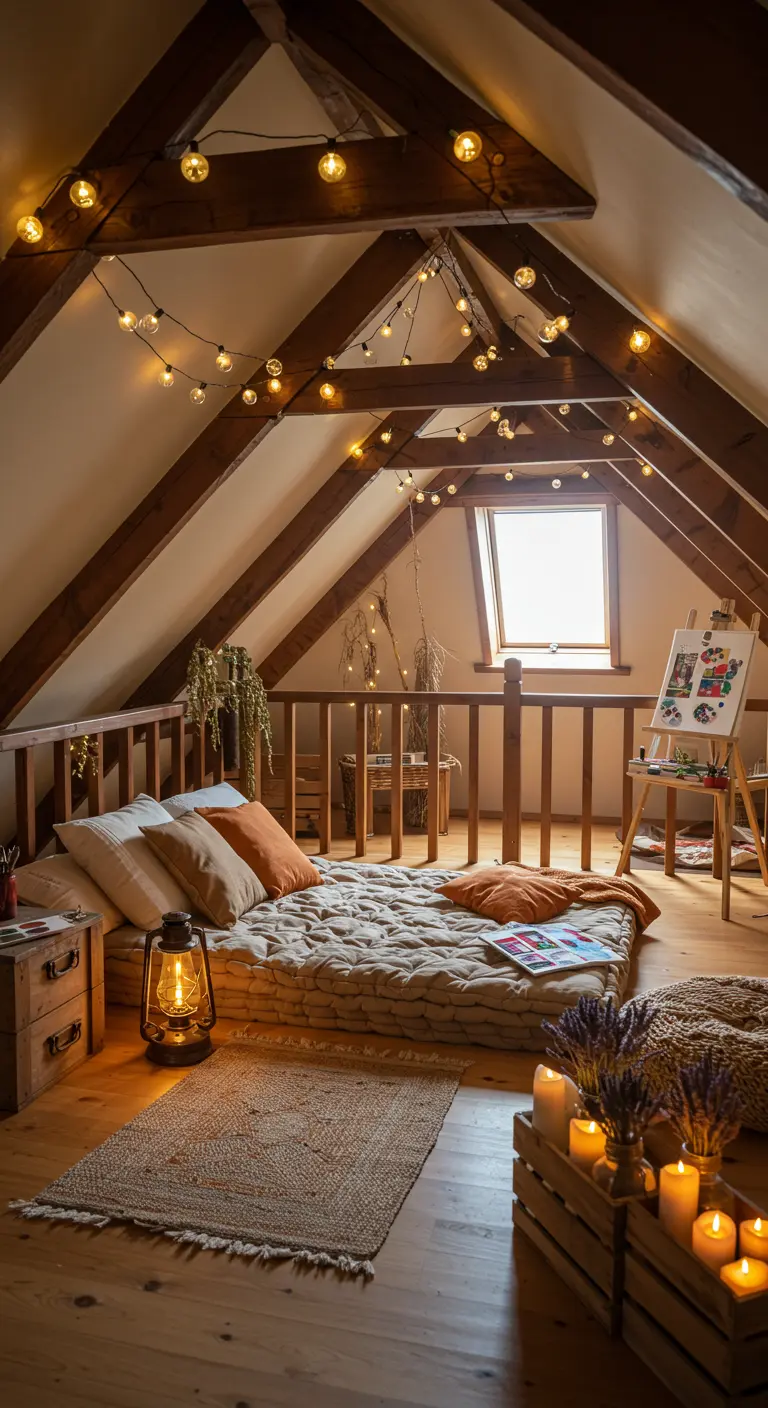 Chambre mansardée bohème avec futon, guirlandes lumineuses et lanternes