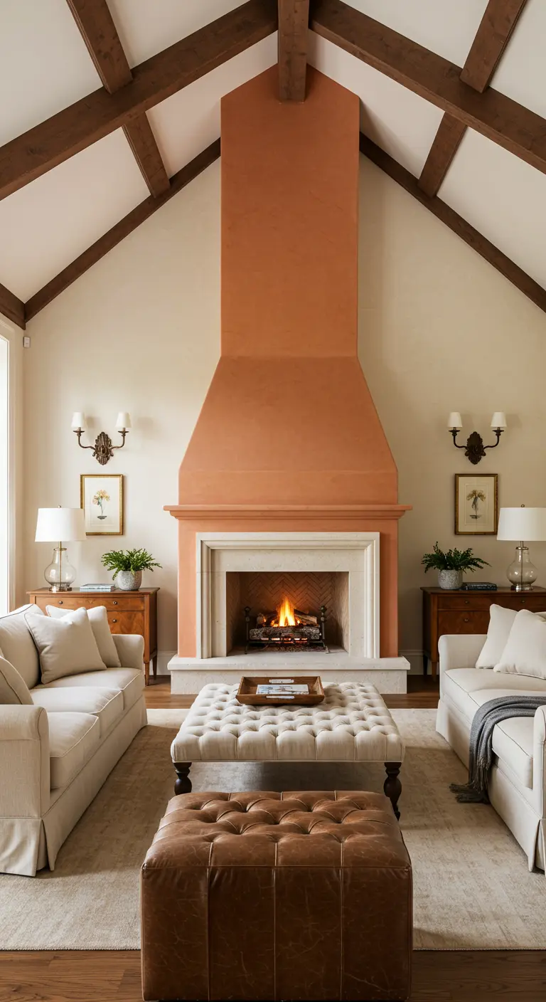 Salon avec une immense cheminée peinte en terracotta et deux canapés blancs face à face.